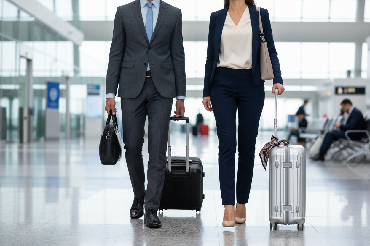 zakenman en vrouw van schoenen tot nek met een bagage tas op het vliegveld